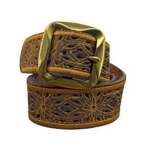 Lucky Brand Wide Belt Leather Embroidered Cutout SZ M Womens Brown Western Boho